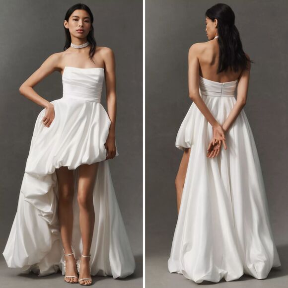 Mac Duggal 11685 Womens Size 6 White Satin Strapless Ruched High Low Gown Dress - Picture 1 of 5